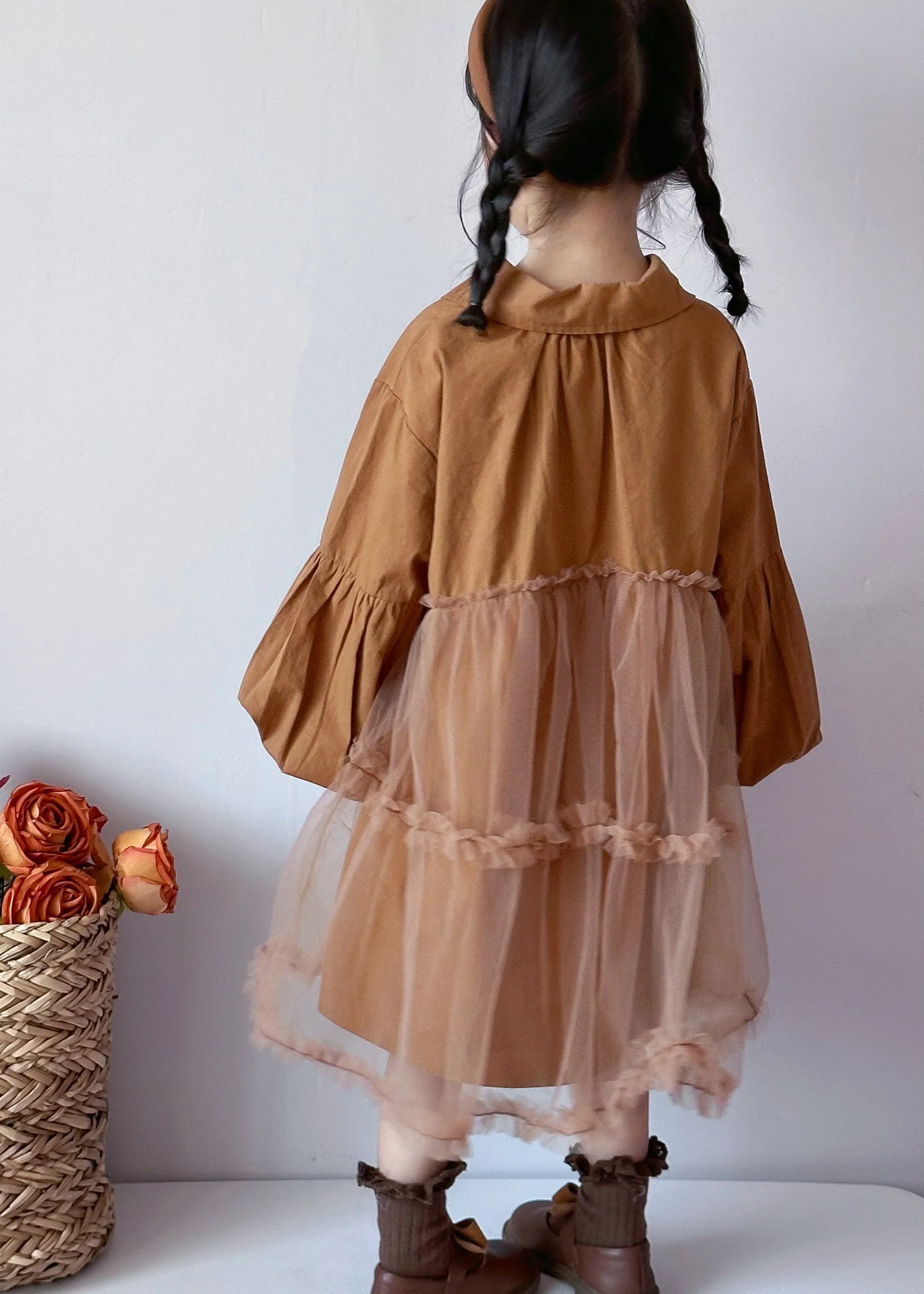 Boutique Caramel Peter Pan Collar Tulle Patchwork Cotton Baby Girls Dress Fall - Image 5