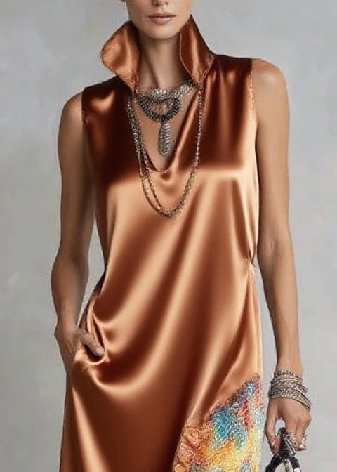 Boutique Caramel Ruffled Asymmetrical Design Silk Dress Sleeveless - Image 2
