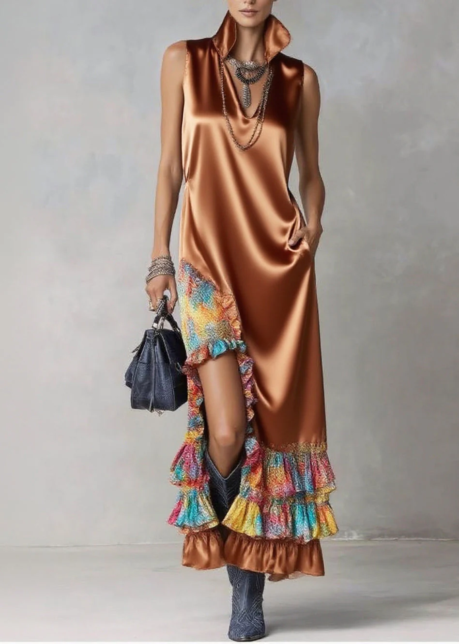 Boutique Caramel Ruffled Asymmetrical Design Silk Dress Sleeveless - Image 3