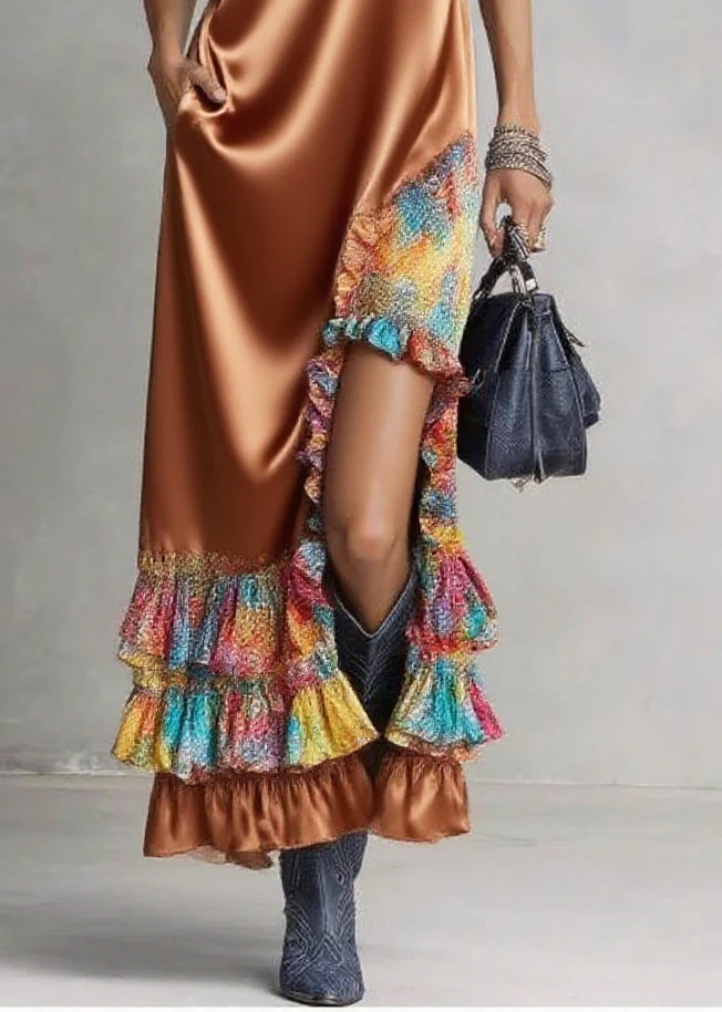 Boutique Caramel Ruffled Asymmetrical Design Silk Dress Sleeveless - Image 4