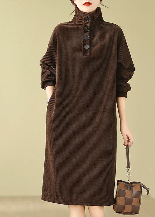 Boutique Casual Coffee Hign Neck Button Corduroy Dress Fall - Image 2