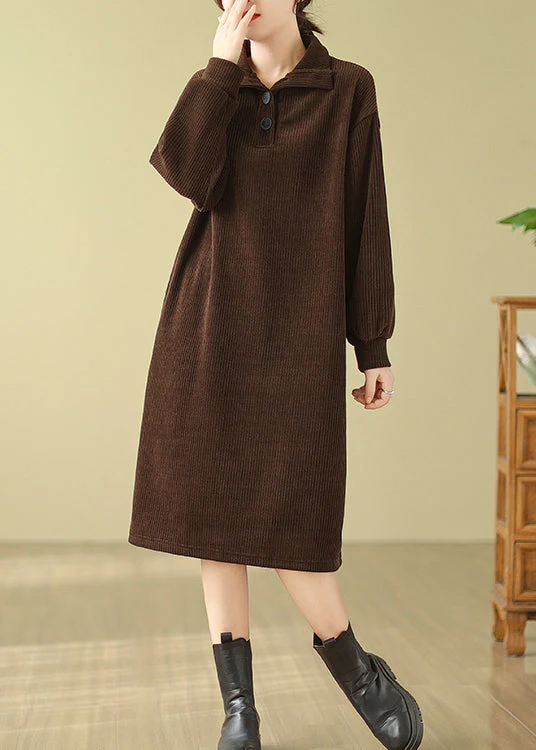 Boutique Casual Coffee Hign Neck Button Corduroy Dress Fall - Image 3