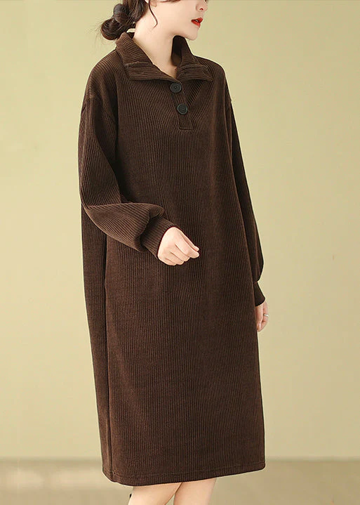 Boutique Casual Coffee Hign Neck Button Corduroy Dress Fall - Image 4