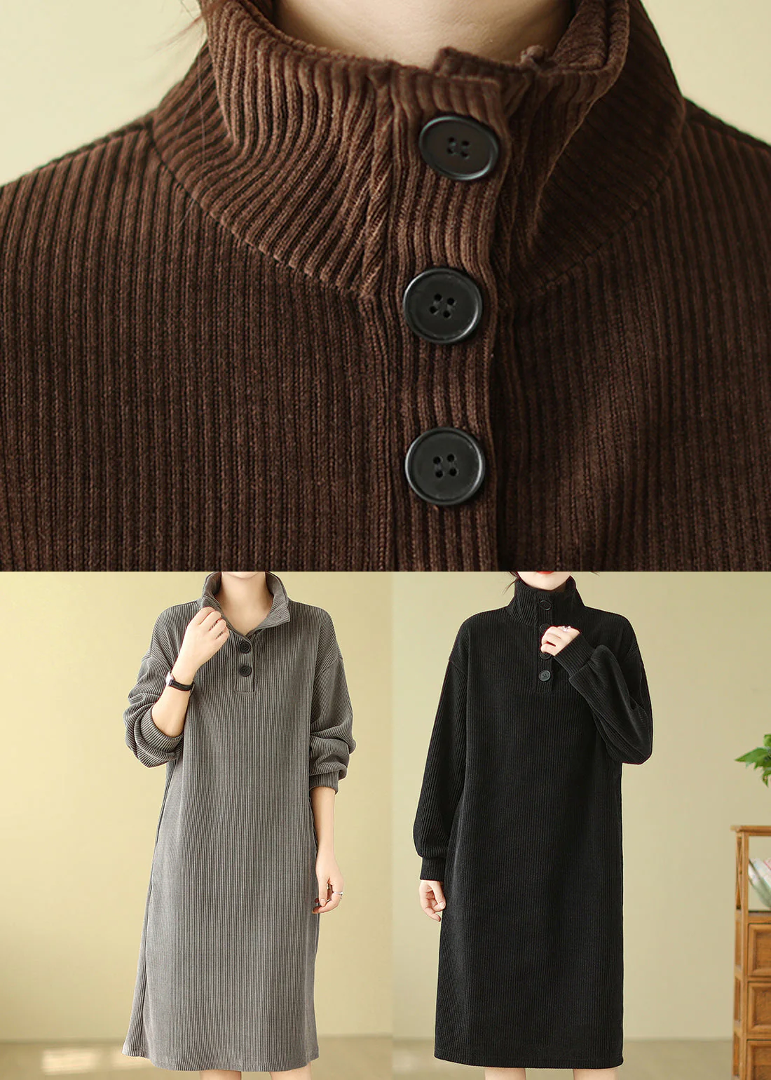 Boutique Casual Coffee Hign Neck Button Corduroy Dress Fall - Image 5