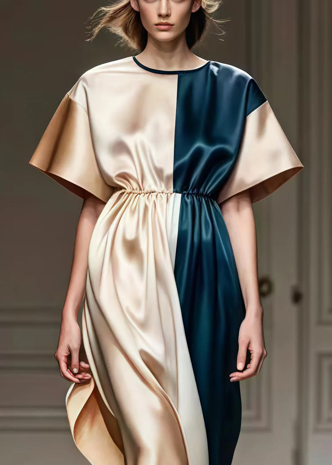 Boutique Champagne Cinched Patchwork Silk Long Dress Summer - Image 3