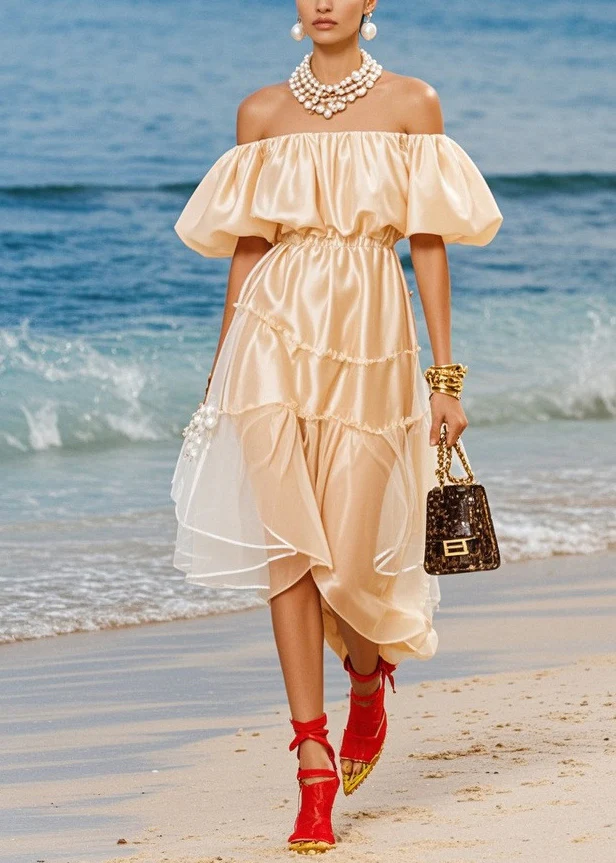 Boutique Champagne Cold Shoulder Silk Robe Dresses Puff Sleeve - Image 3