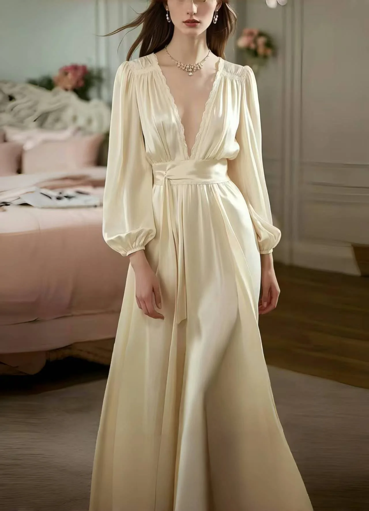 Boutique Champagne Deep-V Neck Draping Silk Long Dress Spring - Image 3