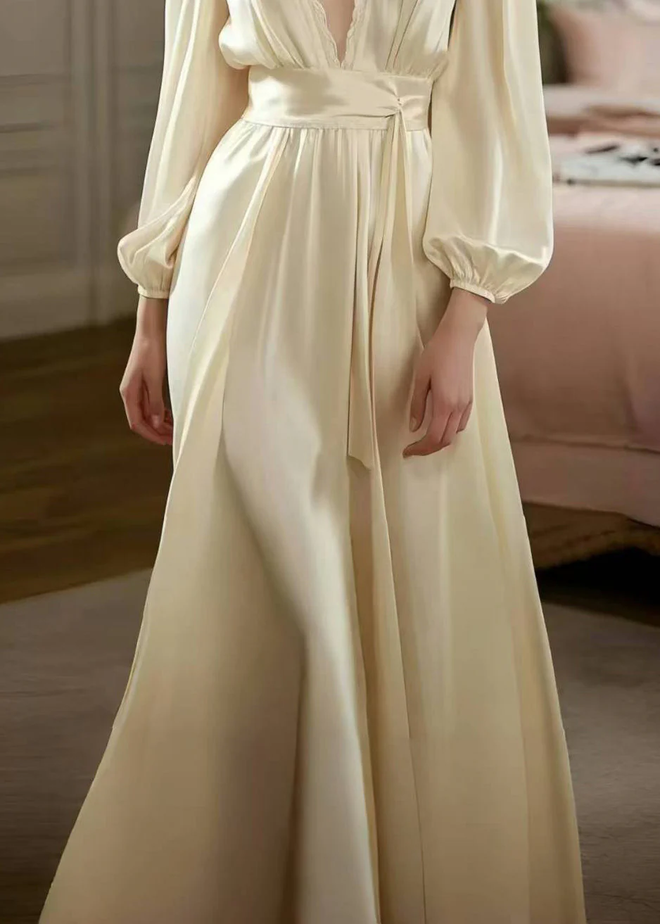 Boutique Champagne Deep-V Neck Draping Silk Long Dress Spring - Image 4