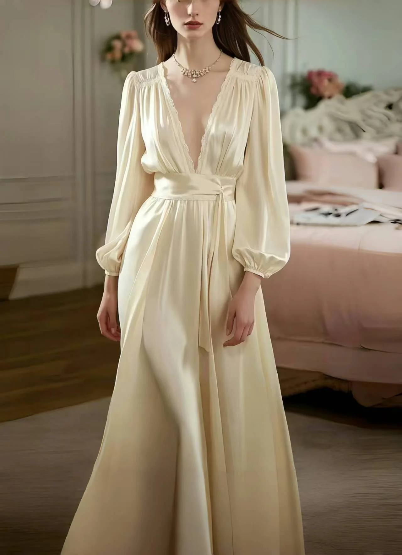 Boutique Champagne Deep-V Neck Draping Silk Long Dress Spring - Image 5