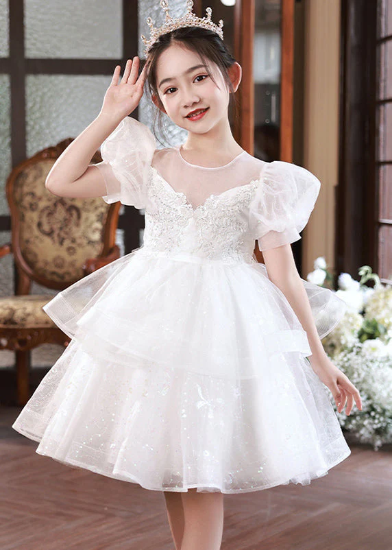 Boutique Champagne O-Neck Tulle Girls Mid Princess Dress Short Sleeve - Image 2