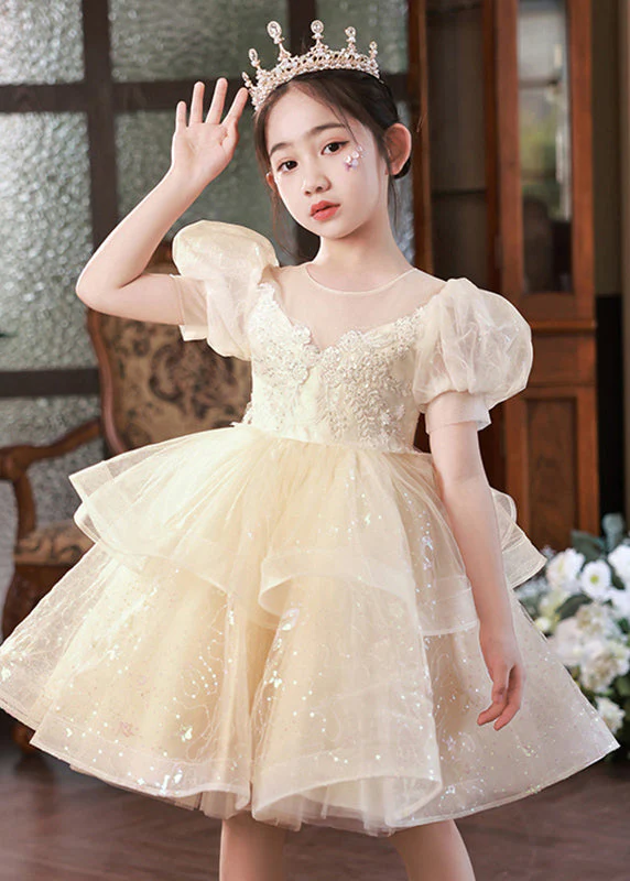 Boutique Champagne O-Neck Tulle Girls Mid Princess Dress Short Sleeve - Image 3