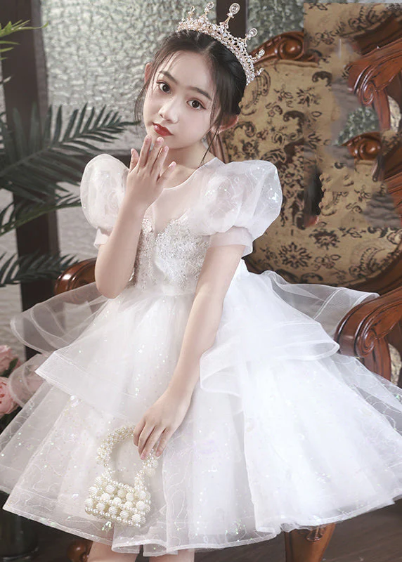 Boutique Champagne O-Neck Tulle Girls Mid Princess Dress Short Sleeve - Image 4