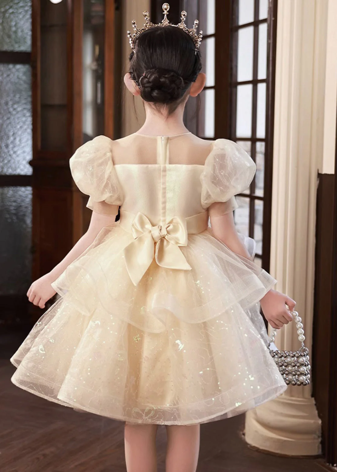 Boutique Champagne O-Neck Tulle Girls Mid Princess Dress Short Sleeve - Image 5
