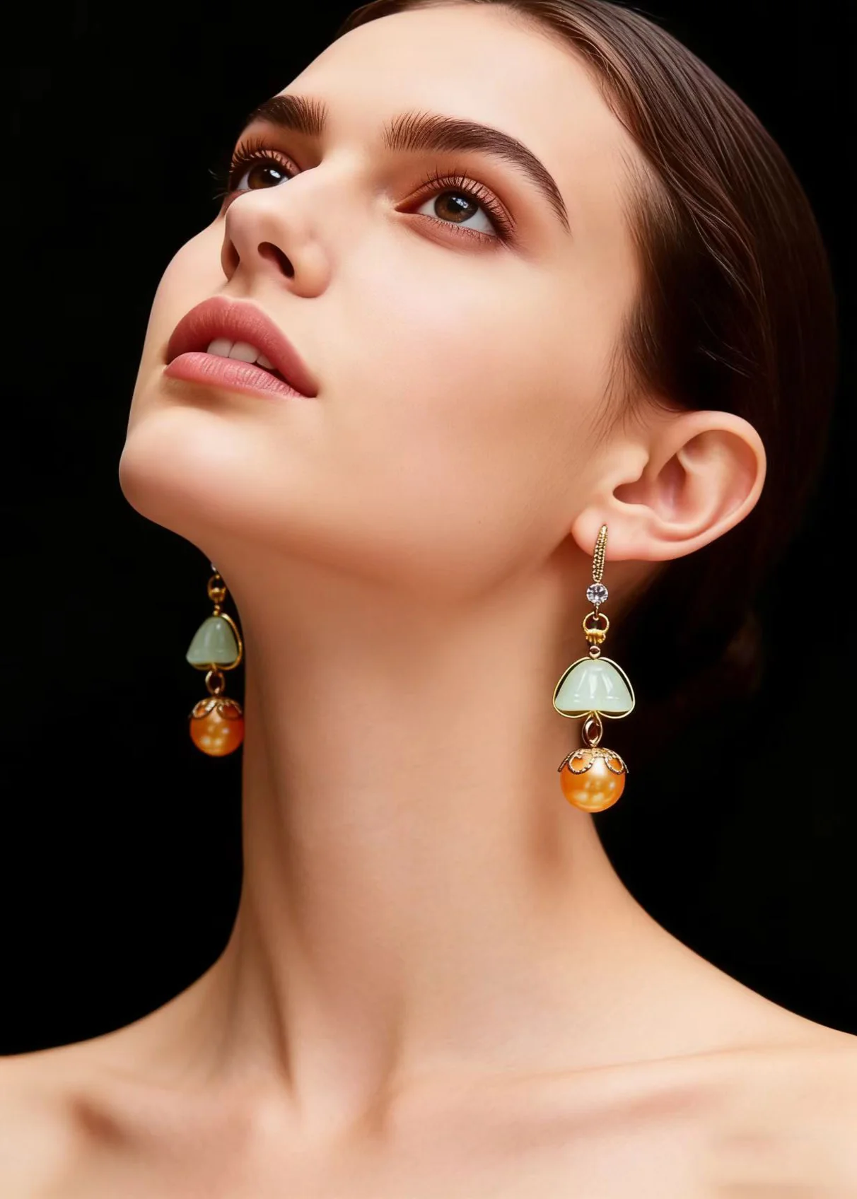 Boutique Champagne Pearl Lotus Seedpod Jade Drop Earrings - Image 2