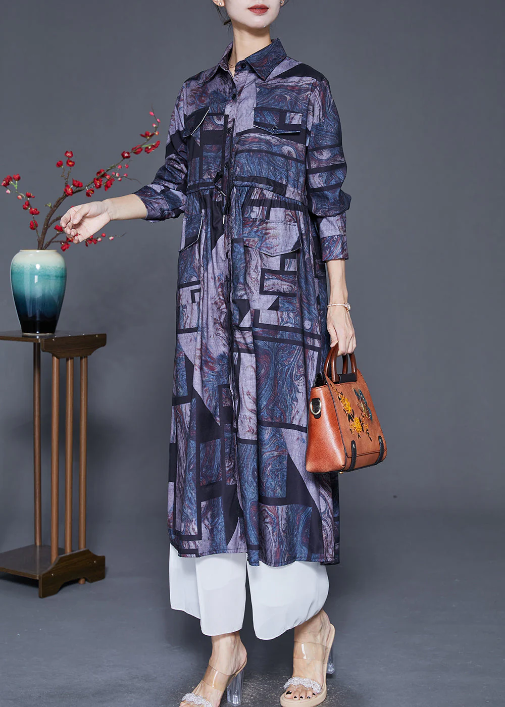 Boutique Cinched Print Shirt Dresses Fall - Image 2
