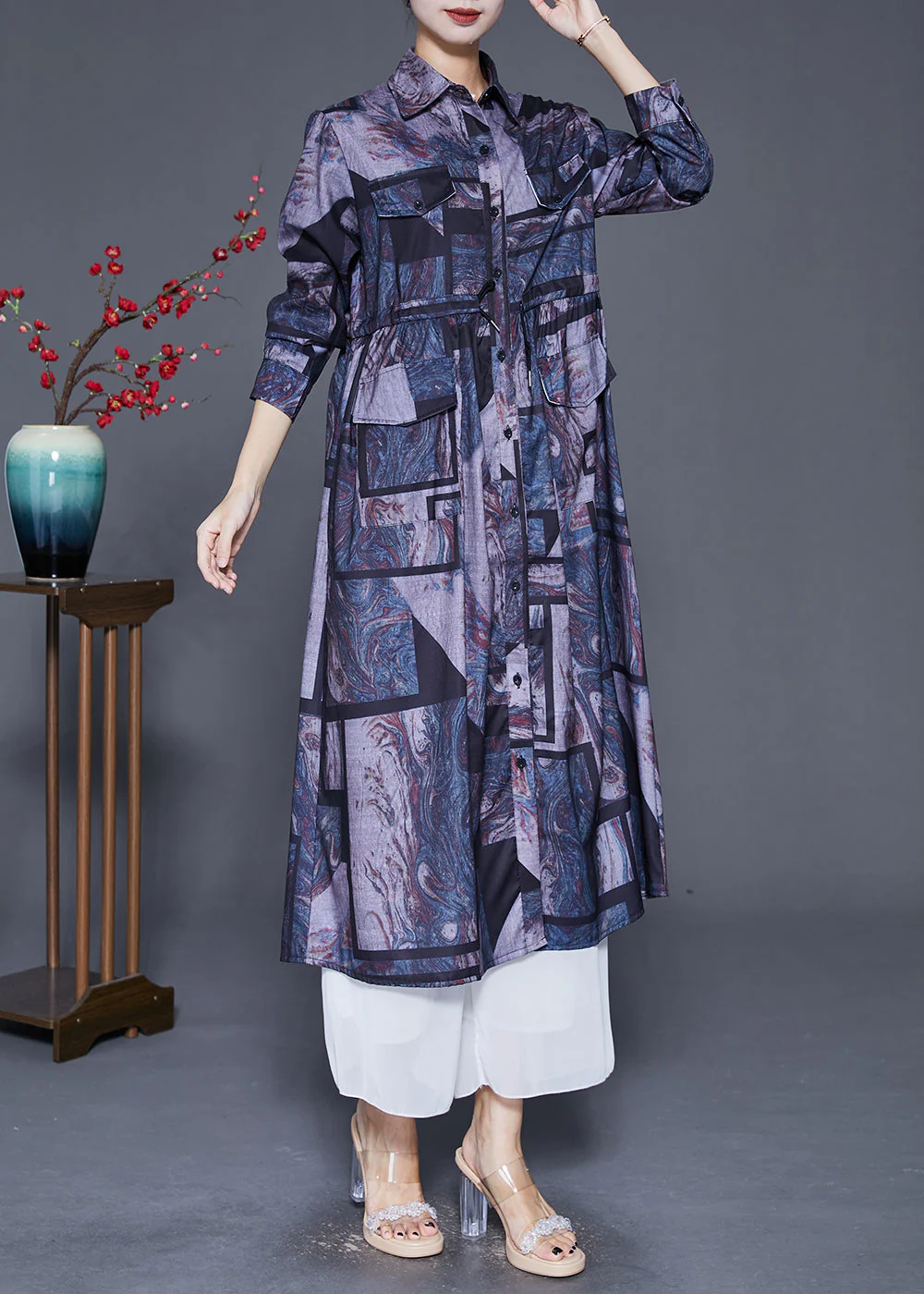 Boutique Cinched Print Shirt Dresses Fall - Image 3