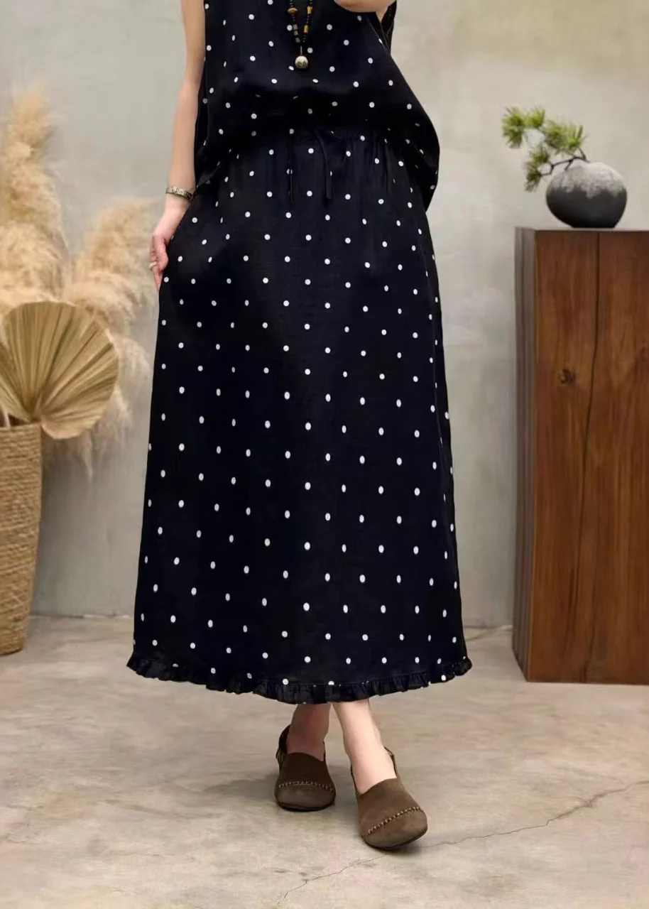 Boutique Coffee Dot Ruffled Pockets Patchwork Linen Skirts Summer - Image 3