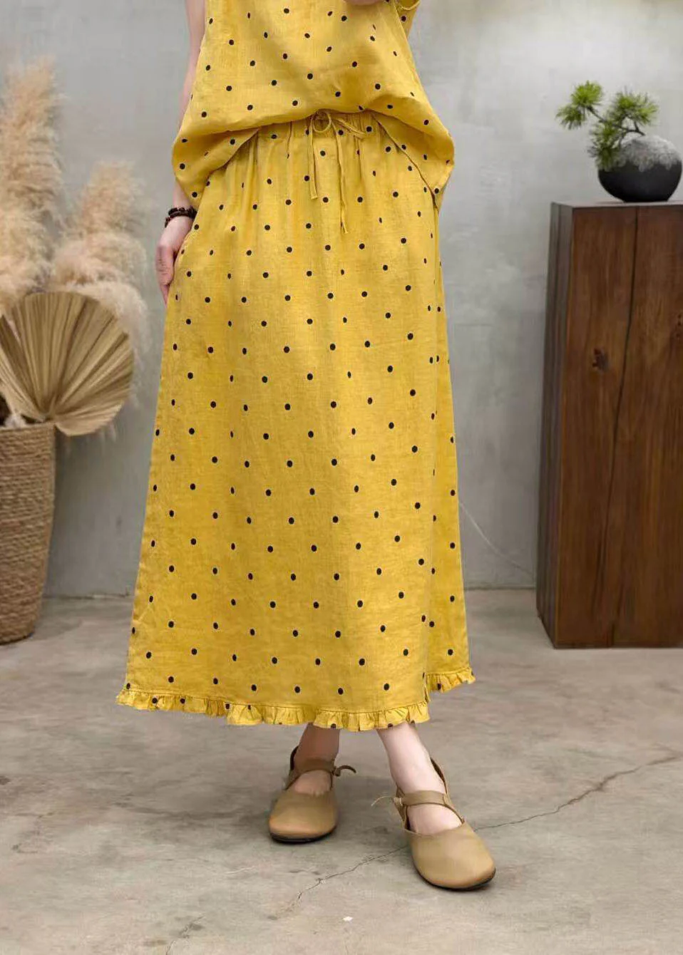 Boutique Coffee Dot Ruffled Pockets Patchwork Linen Skirts Summer - Image 4