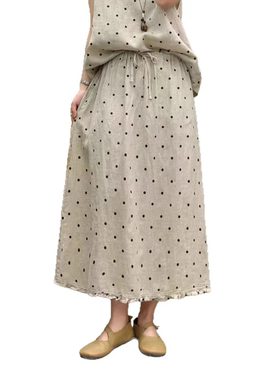Boutique Coffee Dot Ruffled Pockets Patchwork Linen Skirts Summer - Image 5