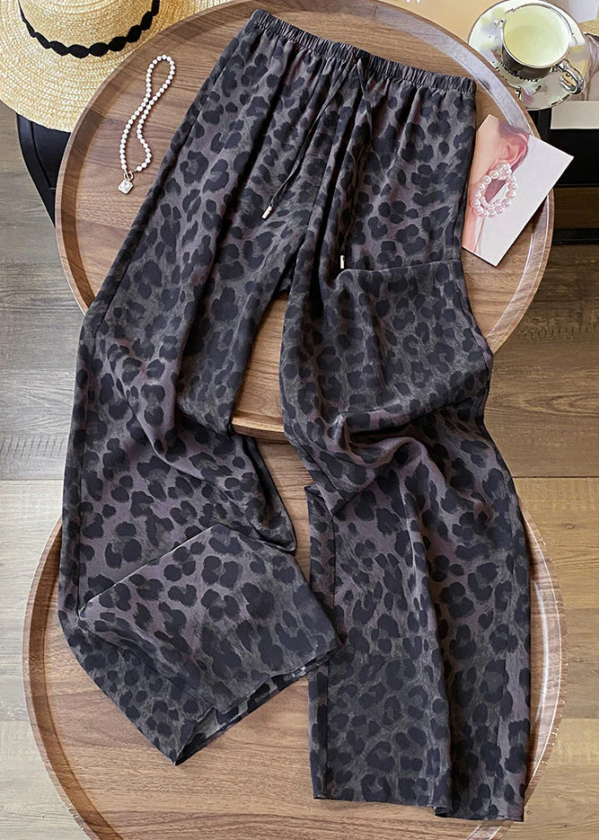 Boutique Coffee Leopard Print Draping Tie Waist Wide Leg Pants - Image 3