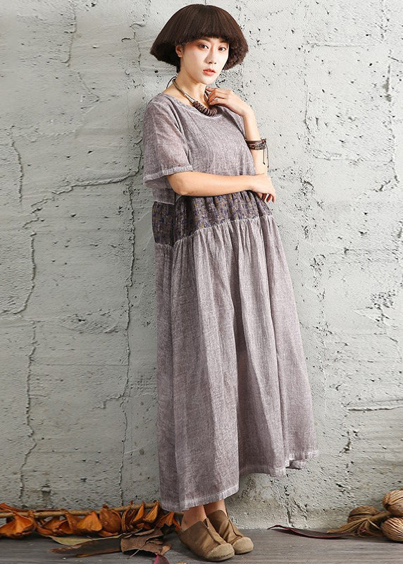 Boutique Chocolate O-Neck Patchwork Cotton Long Dress Short Sleeve - Image 2