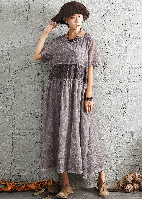 Boutique Chocolate O-Neck Patchwork Cotton Long Dress Short Sleeve - Image 3