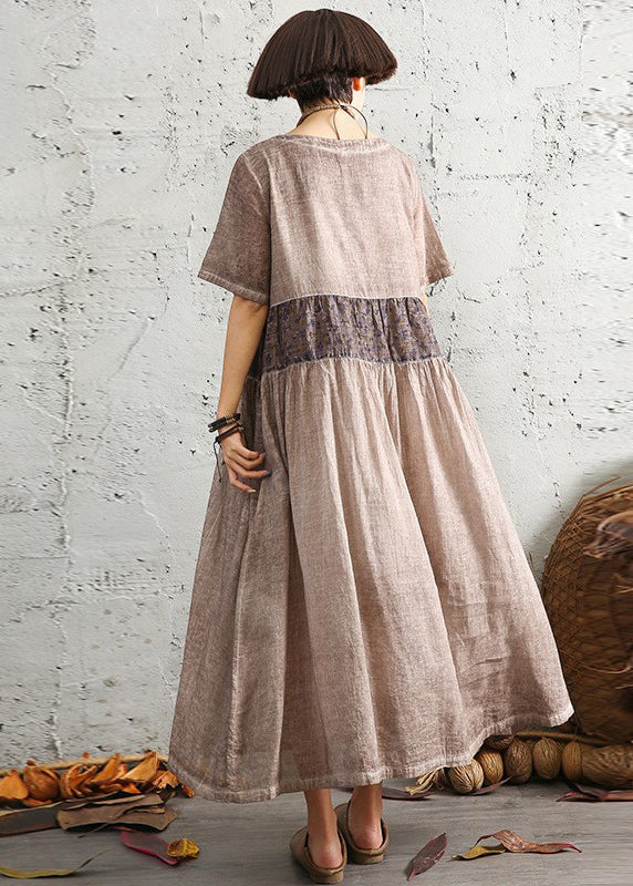 Boutique Chocolate O-Neck Patchwork Cotton Long Dress Short Sleeve - Image 4