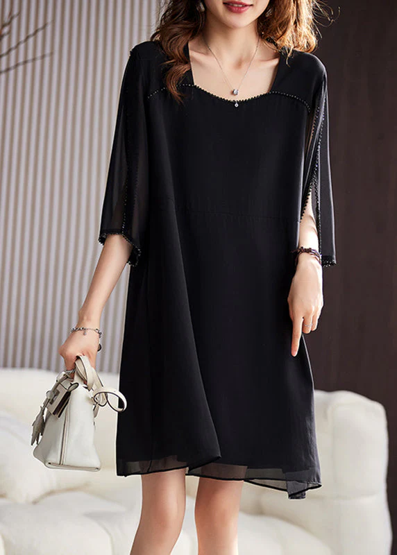 Boutique Coffee Patchwork Nail Bead Chiffon Mid Dresses Long Sleeve - Image 2