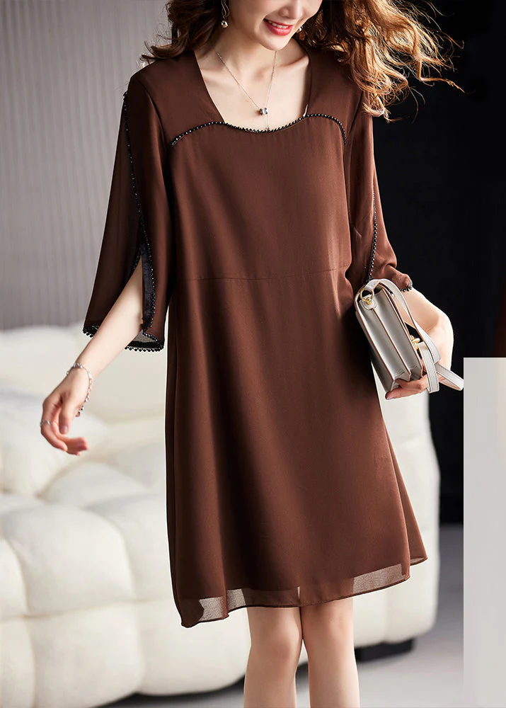 Boutique Coffee Patchwork Nail Bead Chiffon Mid Dresses Long Sleeve - Image 3