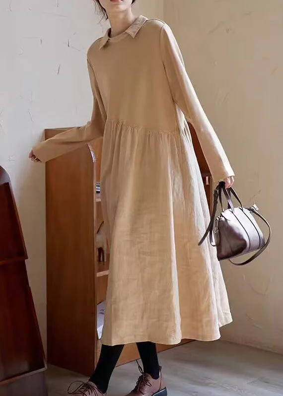 Boutique Coffee Peter Pan Collar Wrinkled Patchwork Cotton Dresses Fall - Image 2