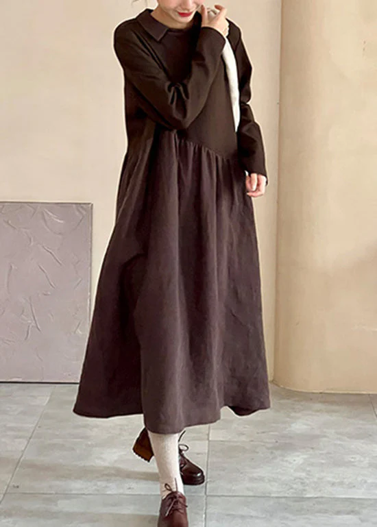 Boutique Coffee Peter Pan Collar Wrinkled Patchwork Cotton Dresses Fall - Image 3