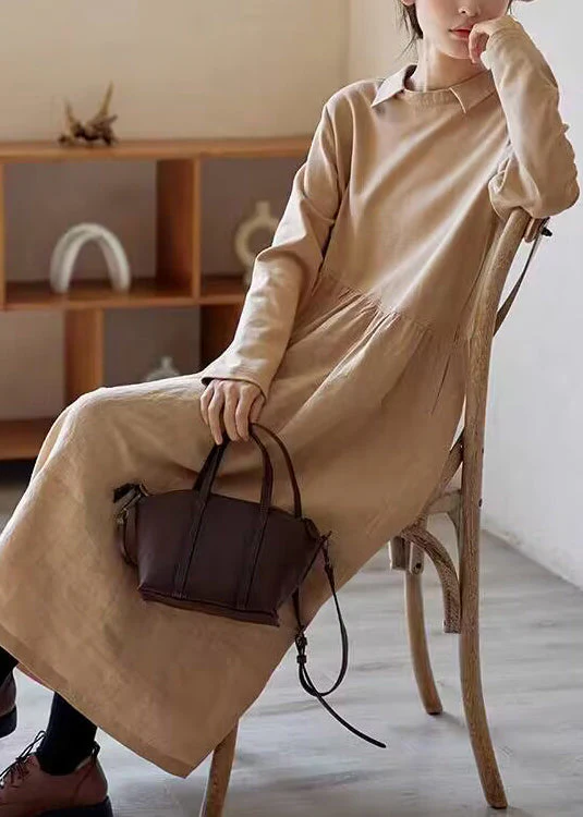 Boutique Coffee Peter Pan Collar Wrinkled Patchwork Cotton Dresses Fall - Image 4