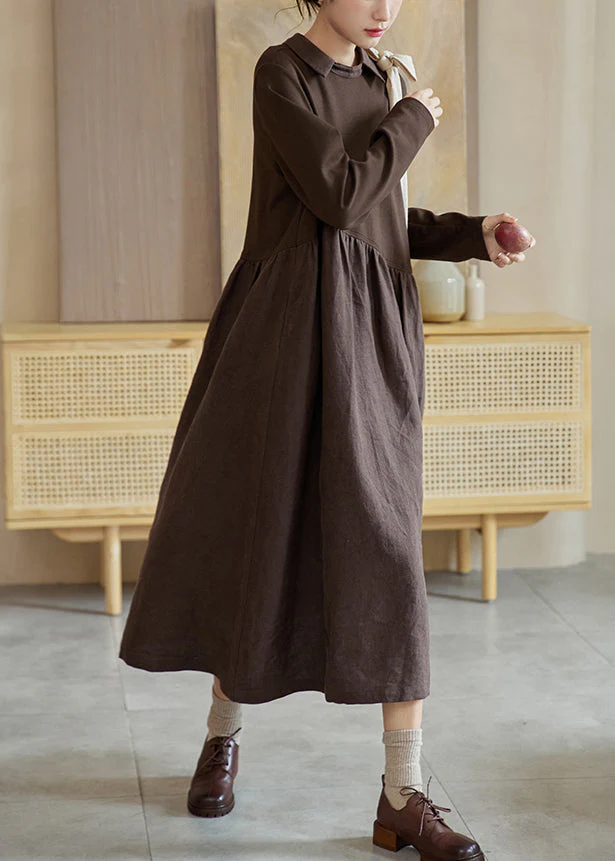 Boutique Coffee Peter Pan Collar Wrinkled Patchwork Cotton Dresses Fall - Image 5