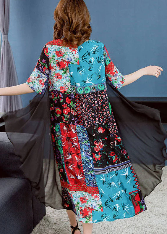 Boutique Colorblock O Neck Print Patchwork Chiffon Dresses Summer - Image 2