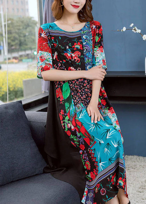 Boutique Colorblock O Neck Print Patchwork Chiffon Dresses Summer - Image 3