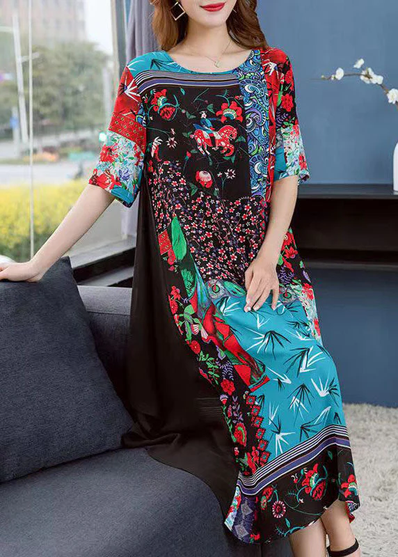 Boutique Colorblock O Neck Print Patchwork Chiffon Dresses Summer - Image 4