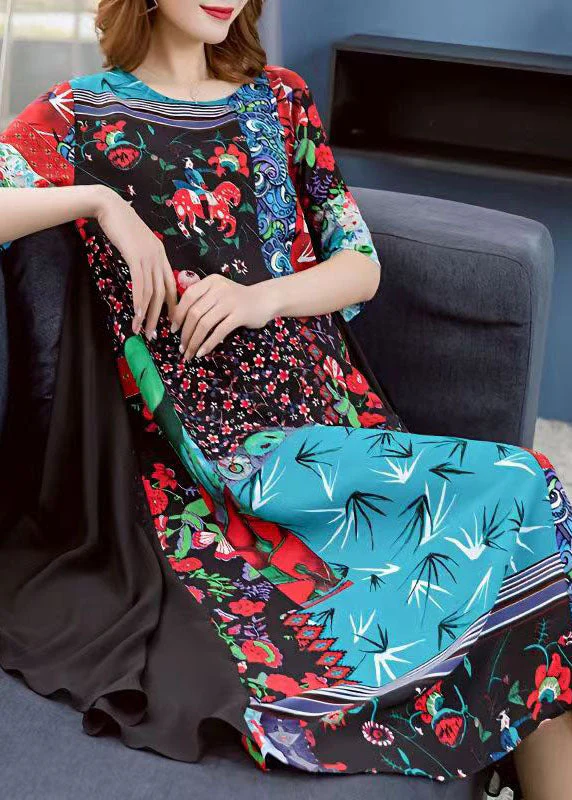 Boutique Colorblock O Neck Print Patchwork Chiffon Dresses Summer - Image 5