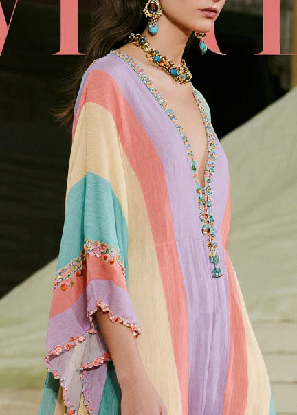Boutique Colorblock Ruffled Striped Cotton Ankle Dress Batwing Sleeve - Image 2