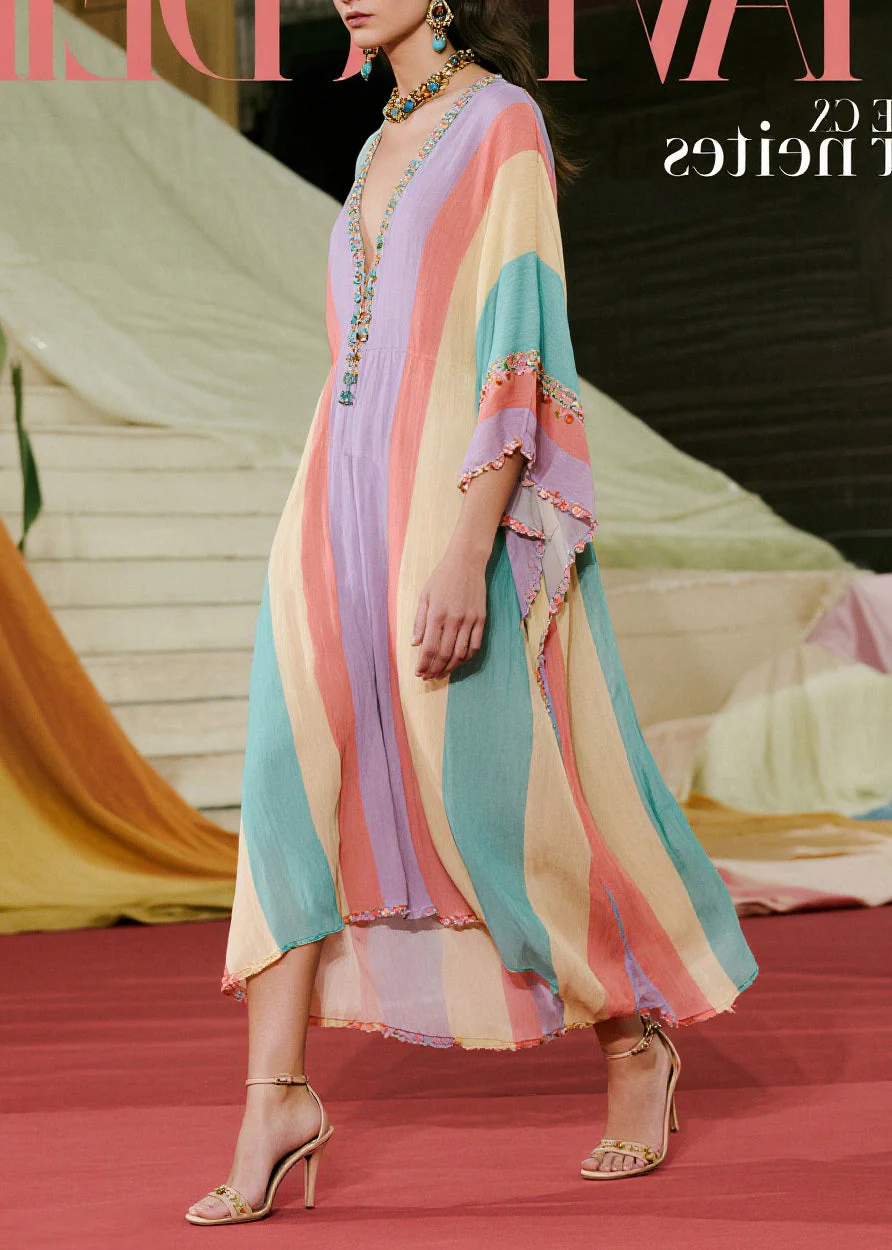 Boutique Colorblock Ruffled Striped Cotton Ankle Dress Batwing Sleeve - Image 3