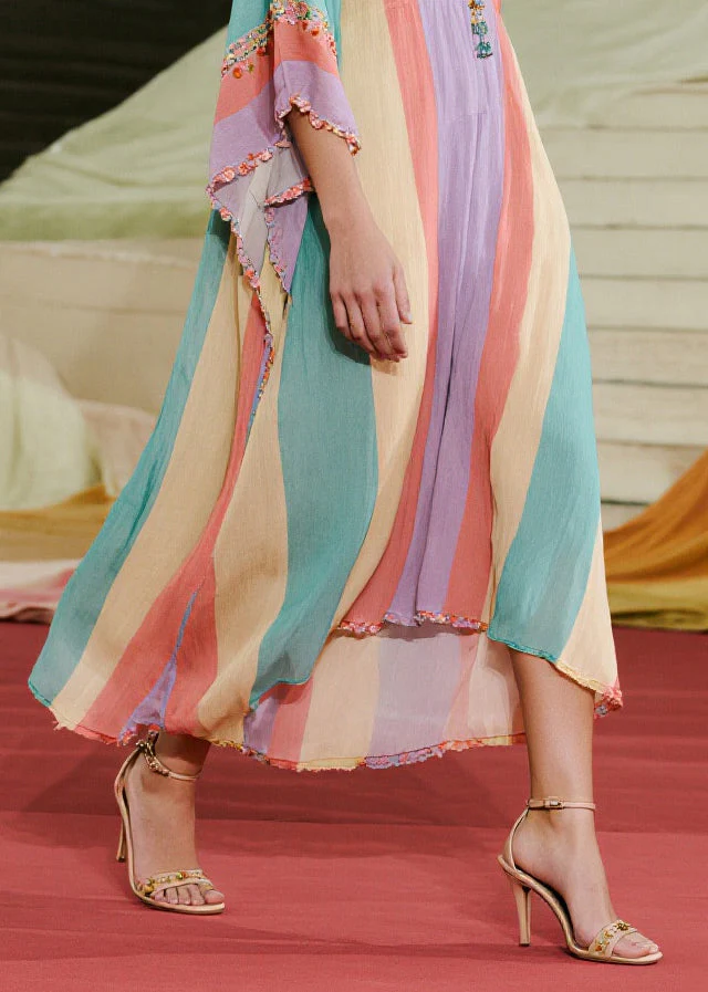 Boutique Colorblock Ruffled Striped Cotton Ankle Dress Batwing Sleeve - Image 4