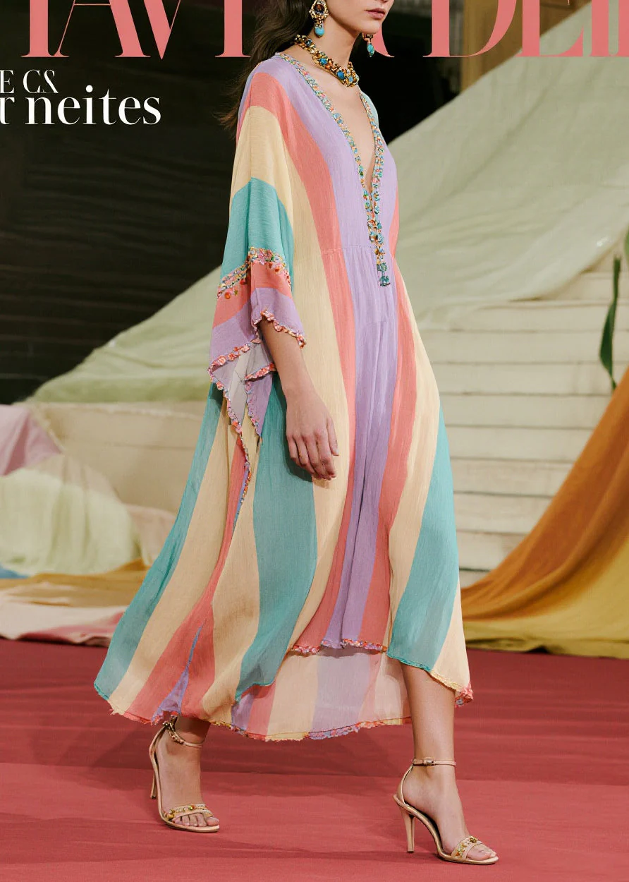 Boutique Colorblock Ruffled Striped Cotton Ankle Dress Batwing Sleeve - Image 5