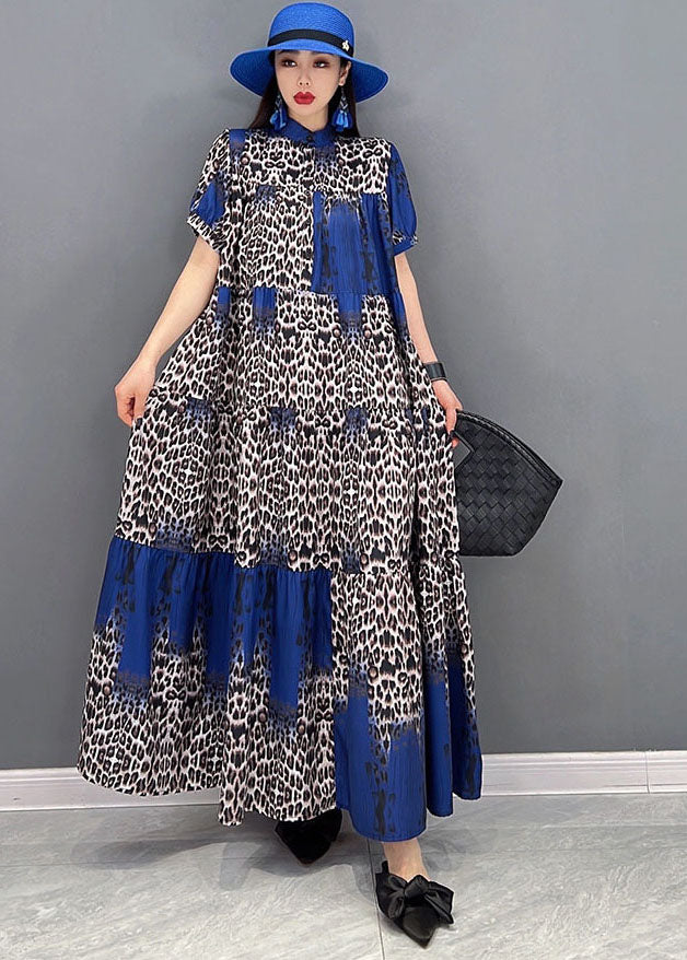 Boutique Colorblock Stand Collar Leopard Print Chiffon Vacation Dresses Short Sleeve - Image 2