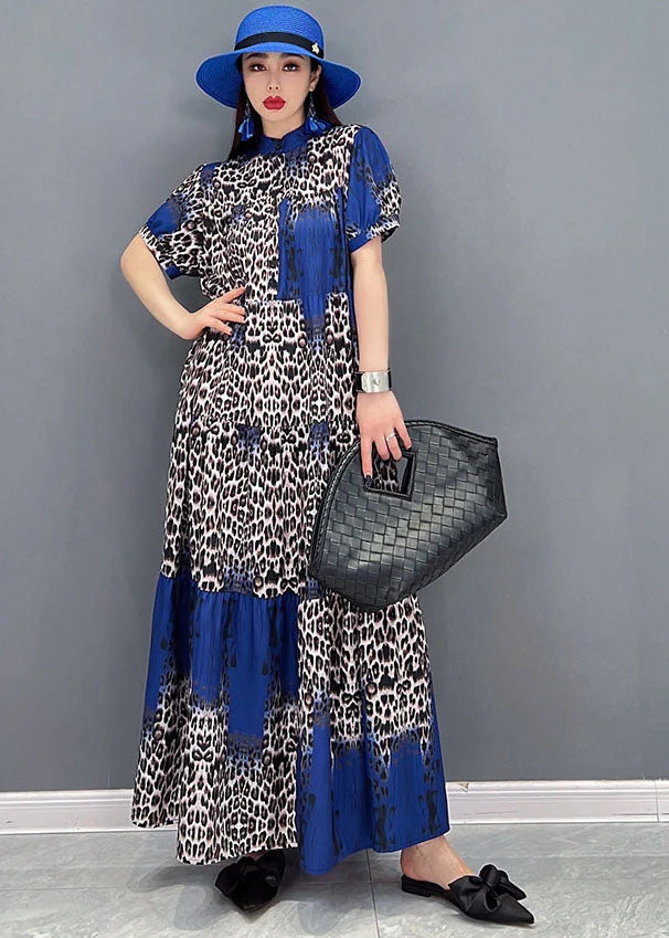 Boutique Colorblock Stand Collar Leopard Print Chiffon Vacation Dresses Short Sleeve - Image 3