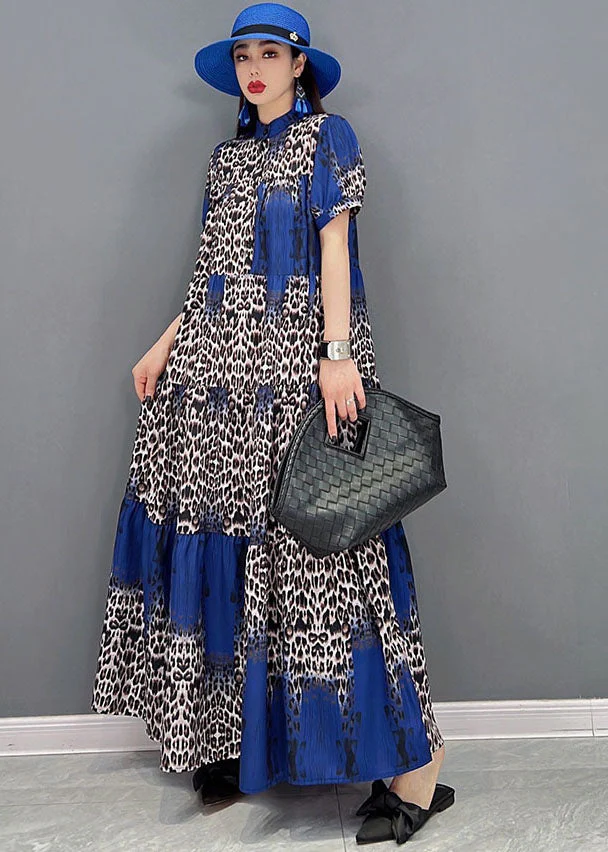 Boutique Colorblock Stand Collar Leopard Print Chiffon Vacation Dresses Short Sleeve - Image 4