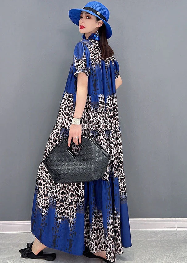 Boutique Colorblock Stand Collar Leopard Print Chiffon Vacation Dresses Short Sleeve - Image 5