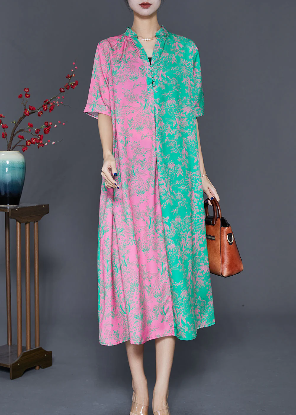 Boutique Colorblock V Neck Patchwork Print Silk Long Dress Fall - Image 2