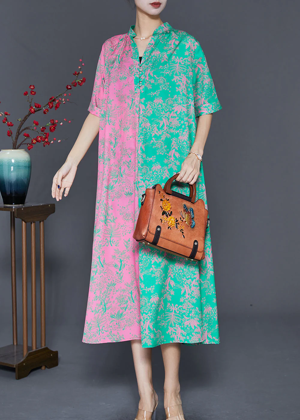 Boutique Colorblock V Neck Patchwork Print Silk Long Dress Fall - Image 3