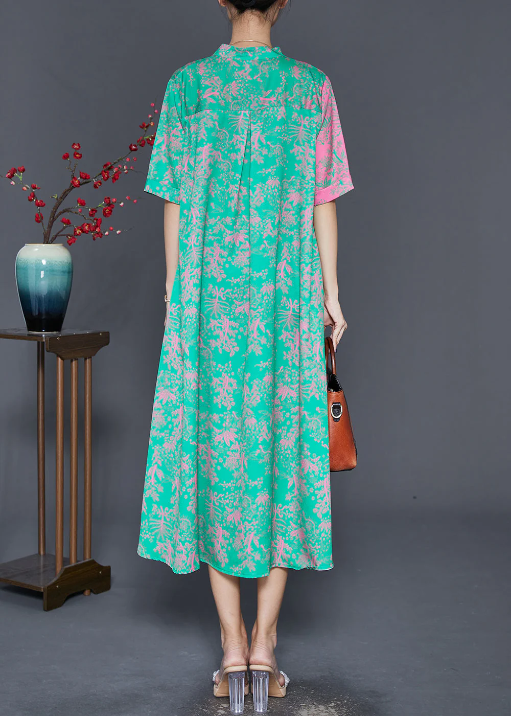 Boutique Colorblock V Neck Patchwork Print Silk Long Dress Fall - Image 4