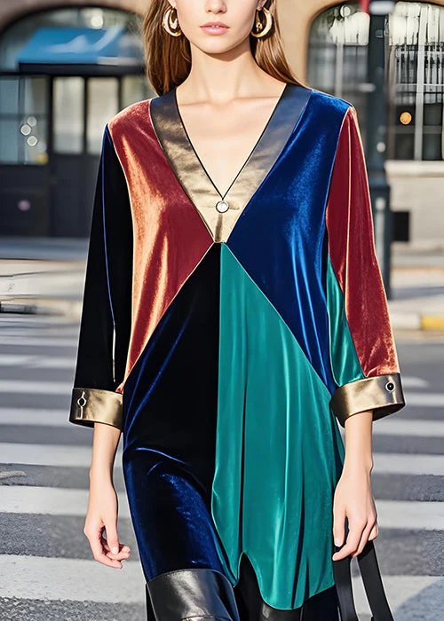 Boutique Colorblock V Neck Patchwork Velvet Dresses Fall - Image 2