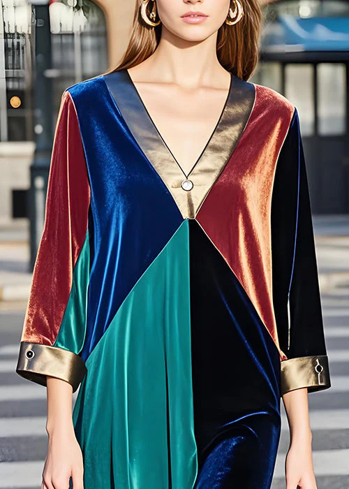 Boutique Colorblock V Neck Patchwork Velvet Dresses Fall - Image 3